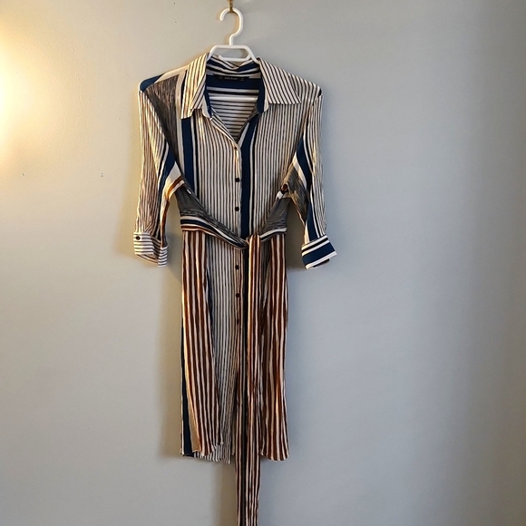 ZARA Midi 3/4 Length Sleeve Striped Belted Dress - Picture 1 of 5